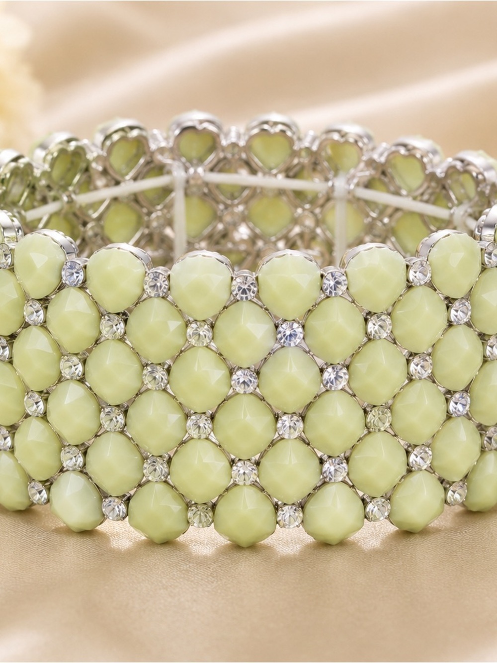 Mint Green Rhinestone Stretch Cuff Bracelet | Statement Jewelry